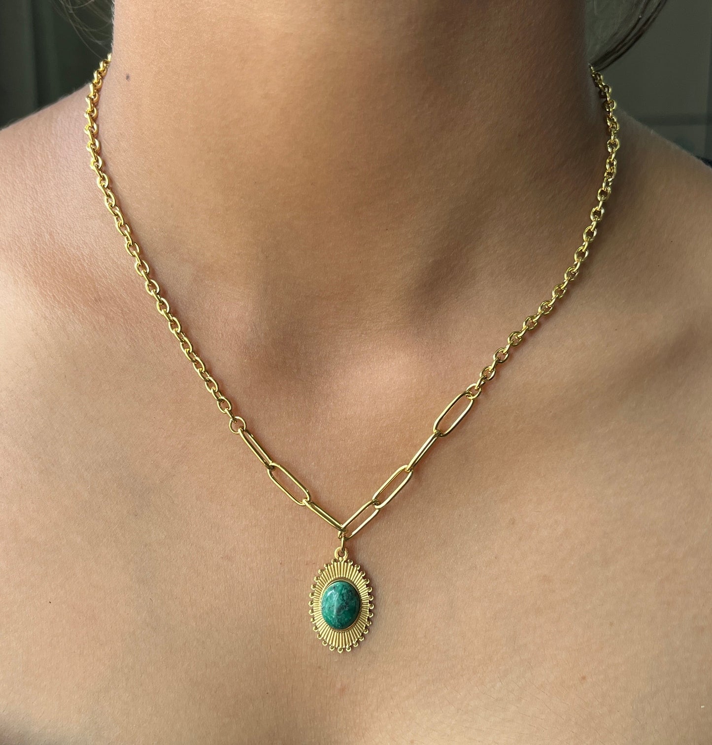 Emerald Sunburst Paperclip Necklace