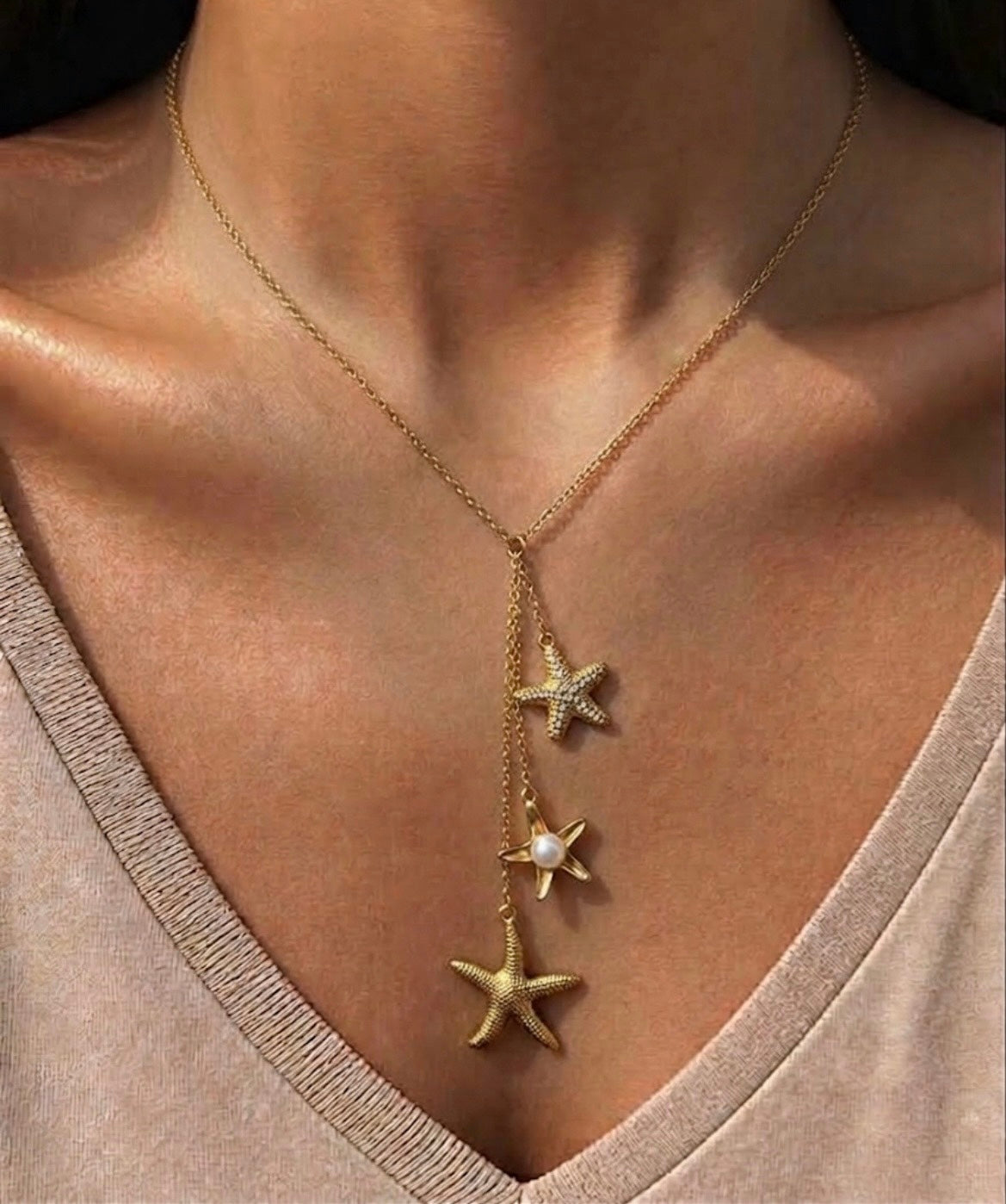 Gold Starfish Cascade Lariat Necklace
