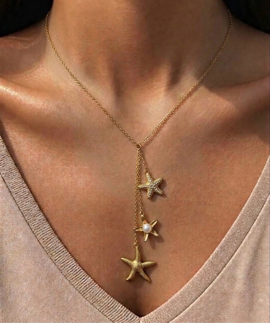 Gold Starfish Cascade Lariat Necklace